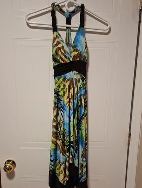 TRUE LIGHT Halter Maxi Dress in Blue, Green & Brown with Black Accents